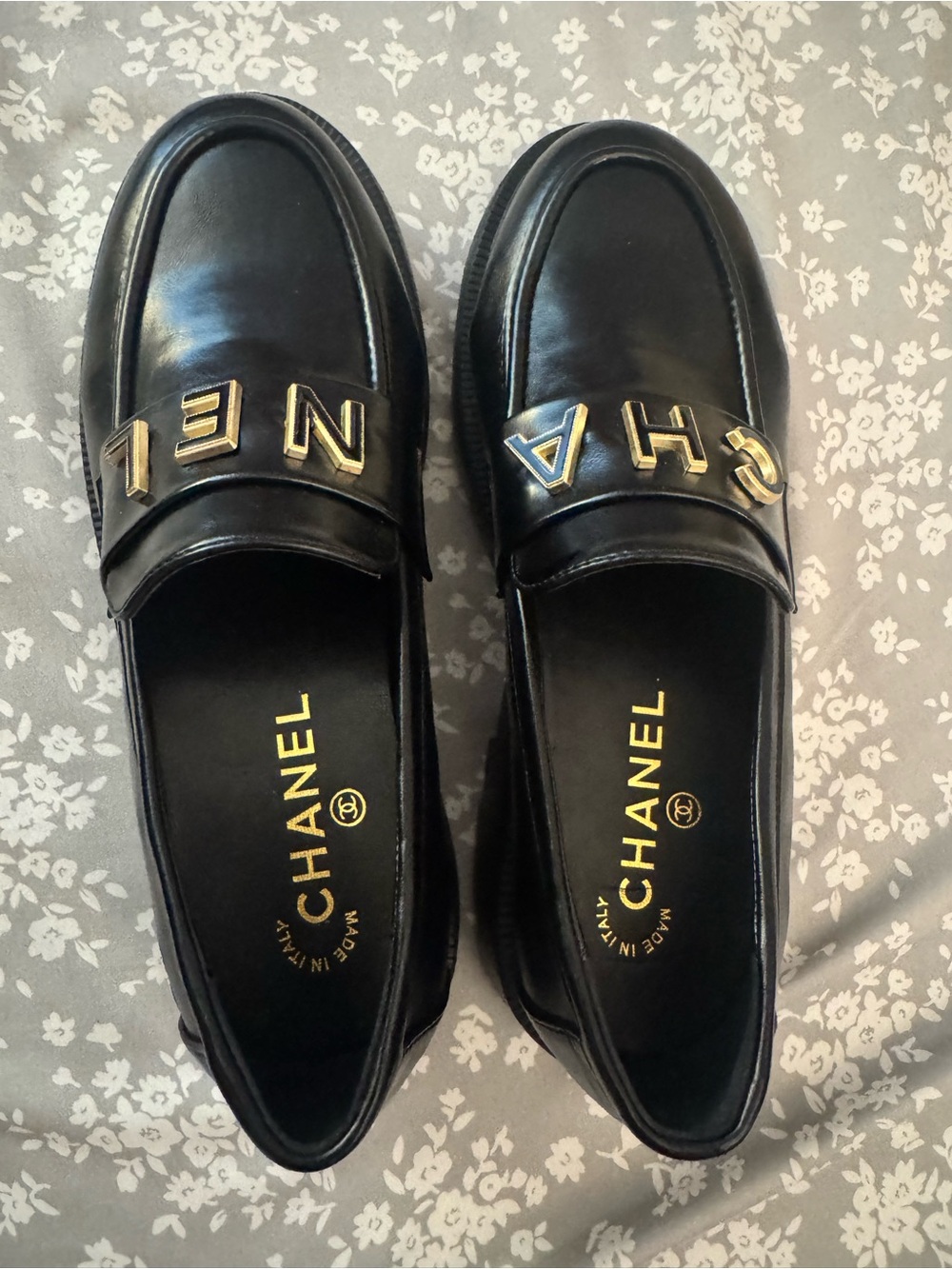 NWOT Black Leather Loafers with Gold Letter Accents